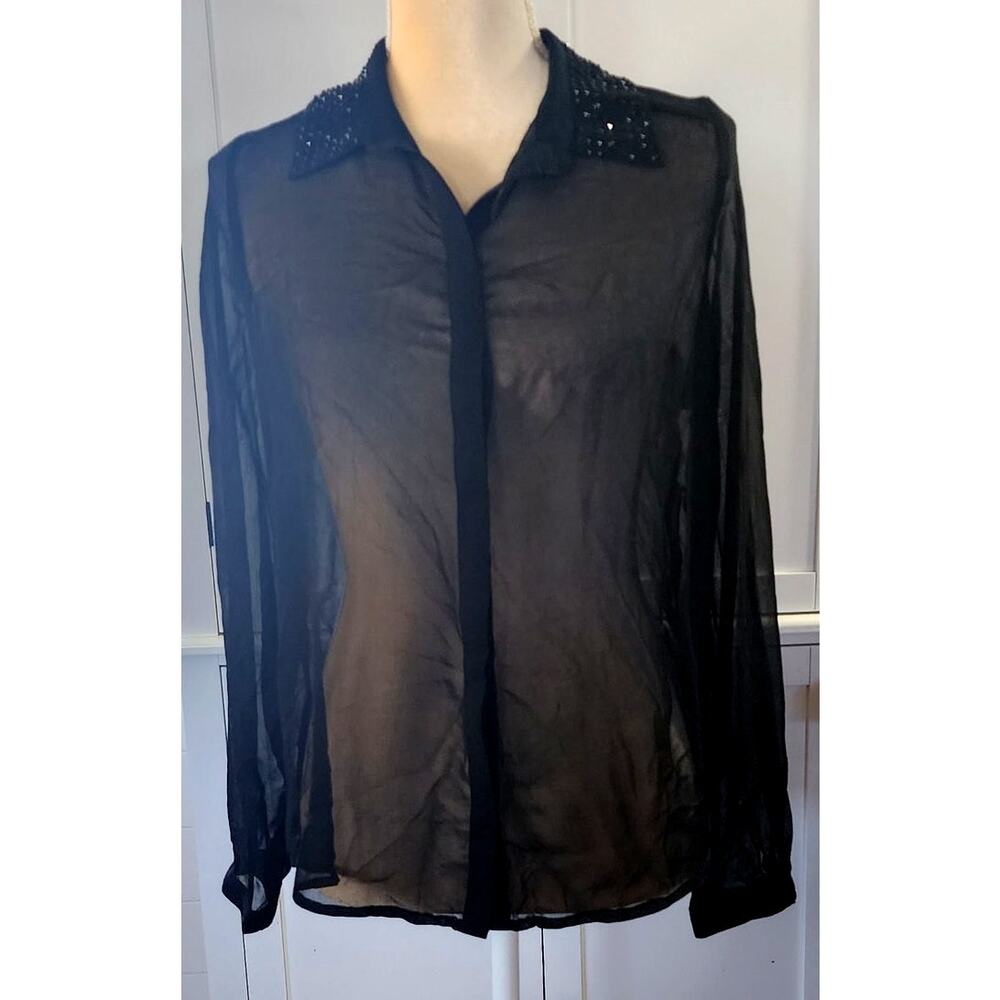 In Style Collection Women's Sheer Rhinestone Black Button Down Shirt Large